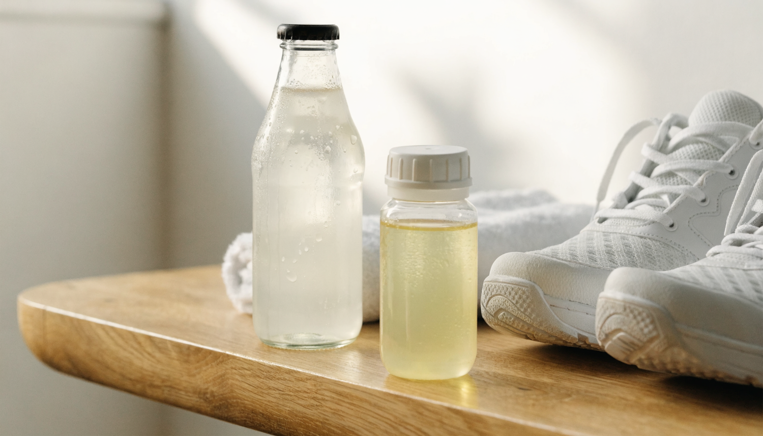 Bouteilles d'eau et boisson électrolytique avec baskets blanches sur table en bois, pour récupération sportive