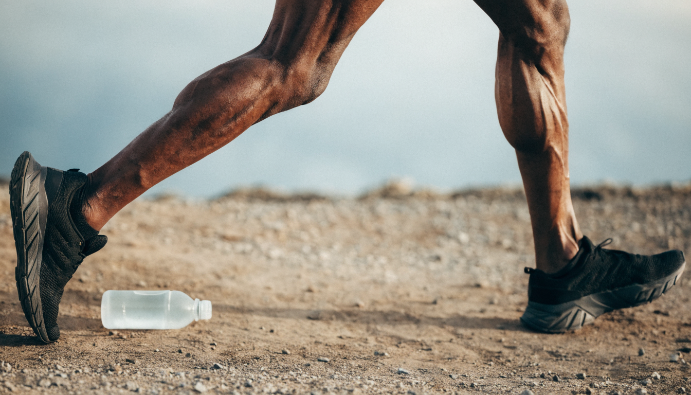 Sportif en trail avec bouteille d'hydratation pour prevenir les crampes musculaires