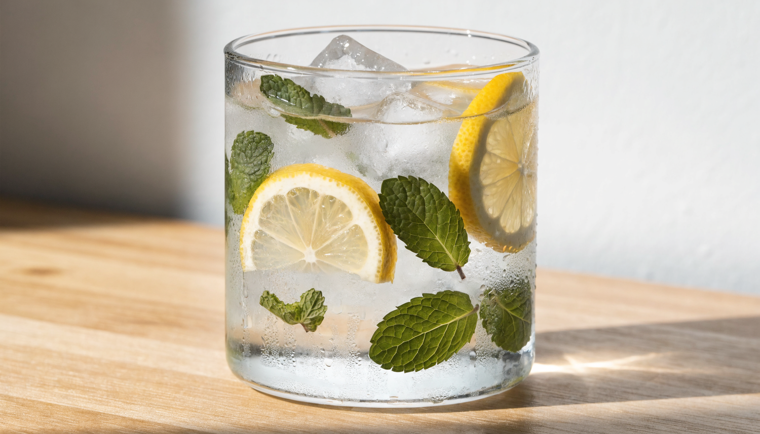 Verre d'eau fraîche avec menthe et citron pour illustrer l'hydratation en cas de canicule
