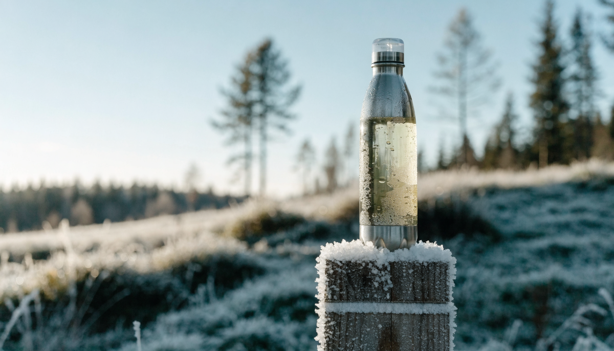 Gourde isolante avec boisson d'hydratation sur un sentier de trail givré en hiver